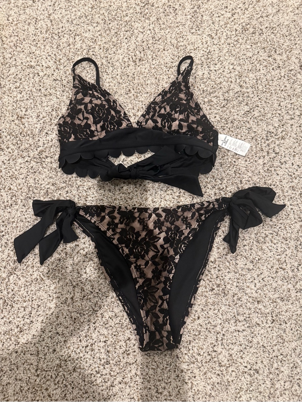 Cupshe Black Lace-Overlay Tie Side Bikini